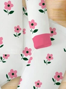 SHEIN Young Girl Cozy Floral Print Pink Tight Fit Soft & Comfortable Long Sleeve Top And Pants Homewear Outfit, Suitable For Autumn/Winter - Multicolor - View 5