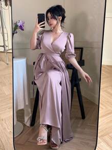 DAZY 女士纯色褶皱V领短泡泡袖中长款优雅连衣裙 夏季连衣裙 - 粉色 - 查看 7