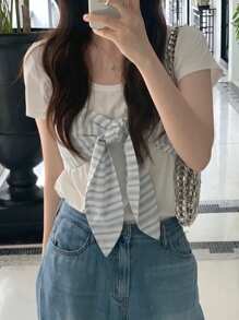 DAZY 女士圆领短袖条纹系带T恤（白色），春夏可爱上衣 - 白色 - 查看 5