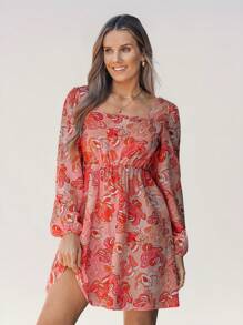 SHEIN LUNE Women Floral Print Square Neck Casual Short Dress,Vacation Dresses - Multicolor - View 1