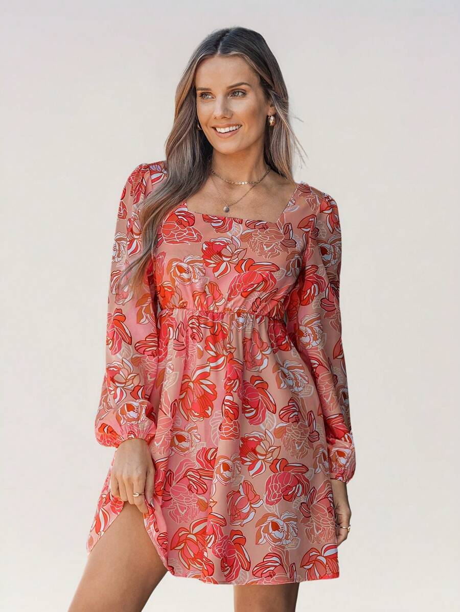 SHEIN LUNE Women Floral Print Square Neck Casual Short Dress,Vacation Dresses - Multicolor - View 1