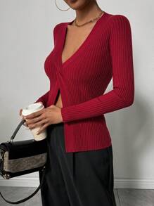 Chiquease Women's Regular V-Neck Casual Twist Rib Burgundy Split Ribbed Fitted Autumn/Winter Knit Sweater Knit Pullover Fall - Red - View 6