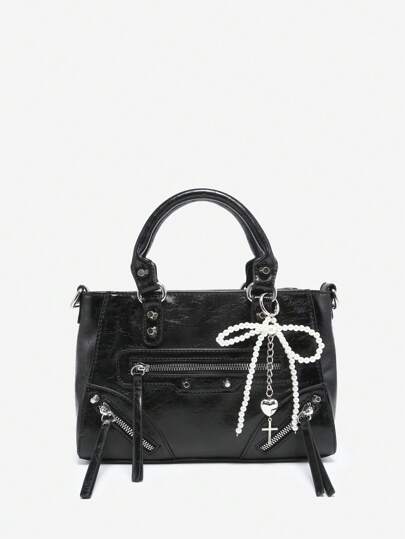 Goth Women's Vintage Rivets Multi-Pocket Zipper Pearl Cross & Heart Decor Square Handbag With Shoulder Strap, Suitable For Going Out & Dates