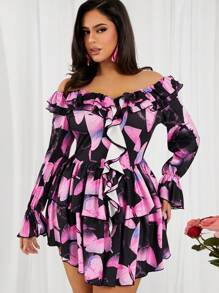 SHEIN SXY Vestido plus size feminino com estampa de flores para o dia dos namorados, costas nuas, renda, babados, decorado, fluido, linha A, manga longa, adequado para uso diário, férias, praia, festa na praia, noite de encontro, aniversário, festa de despedida de solteira, dança, encontro de casal, elegante, casual, compras, moda de rua, ao ar livre, sedutor, fácil de combinar e fica esbelto, realça sua figura, realça seu corpo - Multicolorido - Ver 3