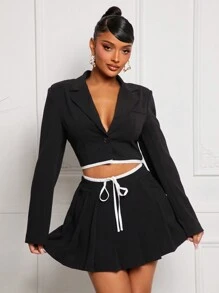 SHEIN SXY Women's Autumn Lapel Neck Long Sleeve Short Blazer And Mini Skirt Casual Set,Business Casual Woman,Business Casual