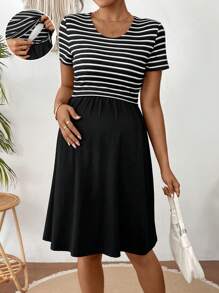 SHEIN Maternity Casual Striped Patchwork Nursing Dress - Black and White - View 3
