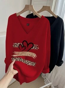 SHEIN LUNE Ladies Red Heart-Shaped Leopard Print Lover Cute Comfortable V-Neck Sweatshirt In Red And Black