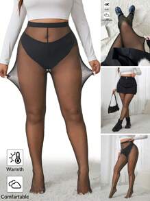 SHEIN EZwear 大码女式透明网眼面料黑色紧身裤，春夏装 - 黑色 - 查看 2