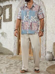 ResortEase Plus Size Men's Bohemian Style Short Sleeve Shirt And Pants Set
