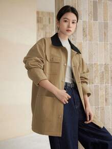 Dazy-Less Contrast Color Block Loose Minimalist Big Pocket Utility Style Regular Fit Women Trench Coat,Fall Clothes Women Jacket - Khaki - View 3