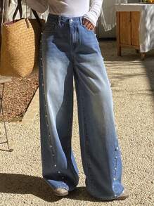 DAZY 情人节珍珠装饰宽松阔腿女士牛仔裤，度假 - 藍色 - 查看 6