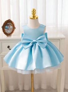 Glamorique Kids Váy công chúa lưới in hình ông già Noel màu trắng dự tiệc Giáng sinh cho bé gái, Váy phù dâu cưới màu trắng thanh lịch có nơ lớn đính cườm thủ công, Váy công chúa dự tiệc sinh nhật - Màu xanh lam - Xem 2