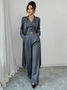 Elenzga Elegant Linen Feel Deep Gray Long Cardigan, V-Neck Vest And Pants 3-Piece Set, Commuter Wear Fall Cloth For Women