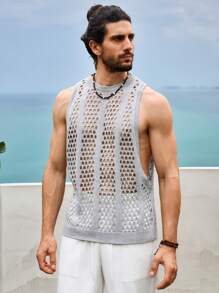 Manfinity Fever City Men's Solid Color Sleeveless Hollow-Out Knit Top, Casual Resort Wear - Light Grey - View 3