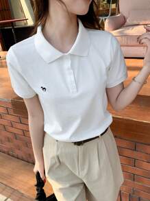 DAZY 夏季新款复古马球领女式 T 恤 - 白色 - 查看 5