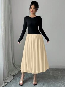 Chiquease Women Contrast Color Round Neck Long Sleeve Pleated Elegant Mid-Length Dress