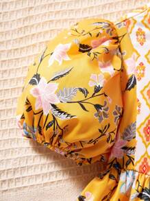 SHEIN Leap Crew Vestido de Verão com Estampa Floral para Meninas Bebê - Amarelo - Visão 4