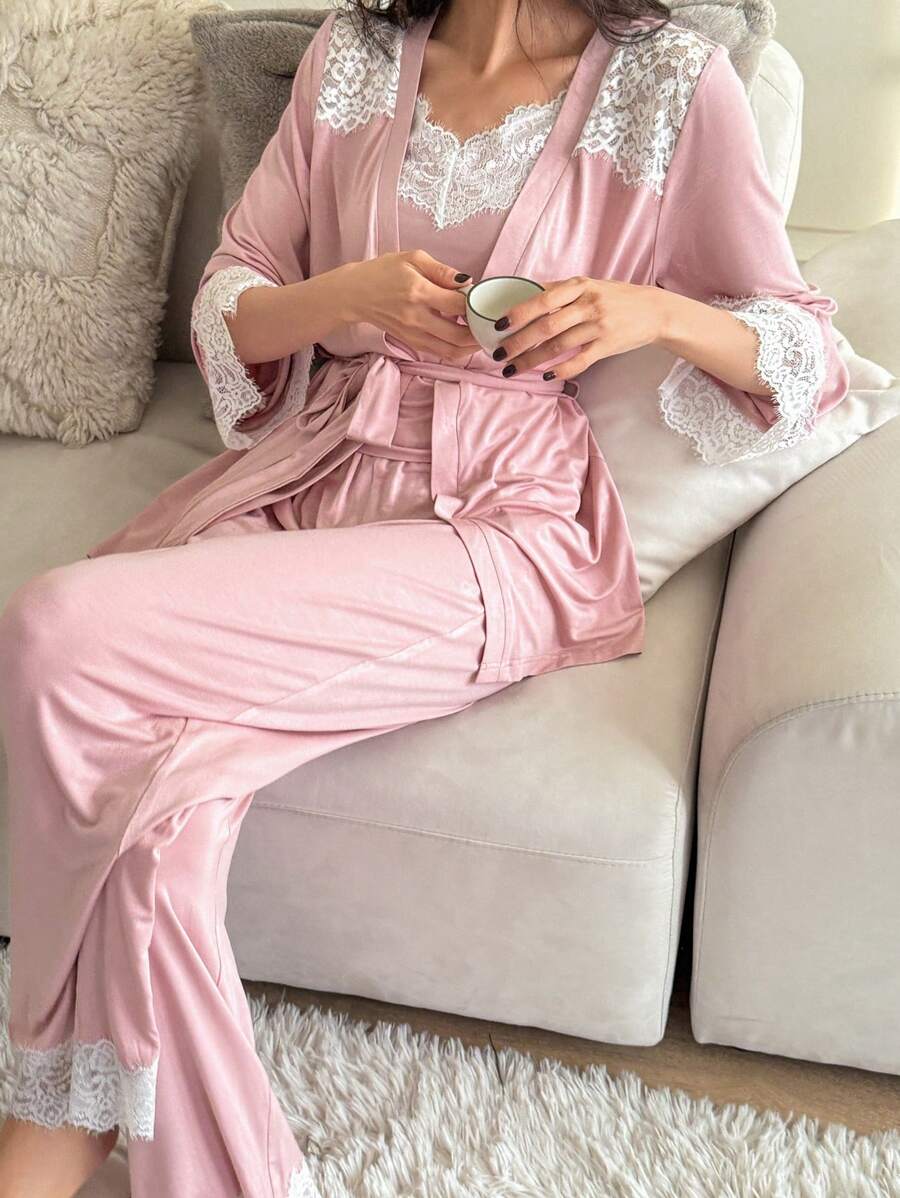 DAZY 3pcs Lace Patchwork Robe, Cami & Long Pajama Pants Set, Spring - Pink - View 1