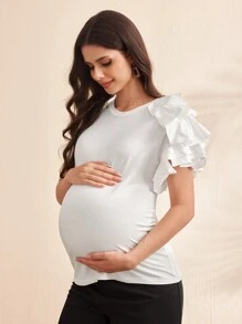 SHEIN 孕妇优雅纯色荷叶边装饰修身 T 恤 - 白色 - 查看 1