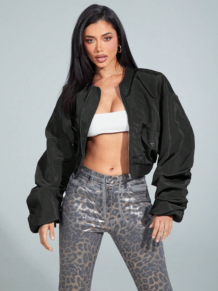 Denimoi Lightweight PU Leather Ruched Sleeve Zip Up Jacket - Black - View 1