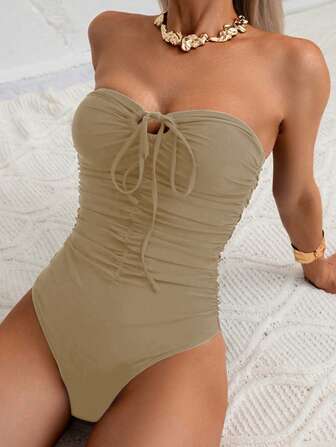 Swim Chiccia 女士连体纯色修身无袖性感简约时尚泳衣夏季