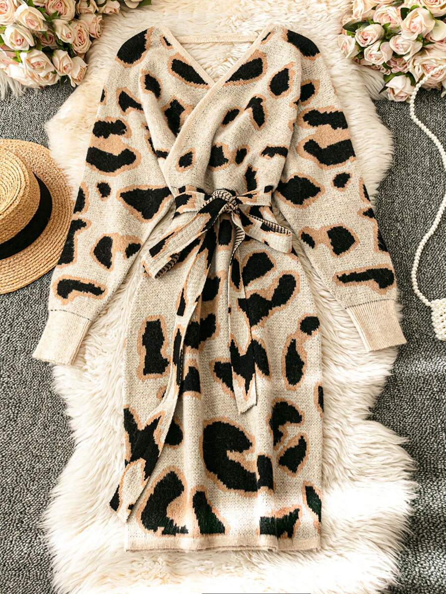 Omancia Váy len cổ chữ V họa tiết da báo thời trang mới 2024 dành cho nữ - Nhiều màu - Xem 1