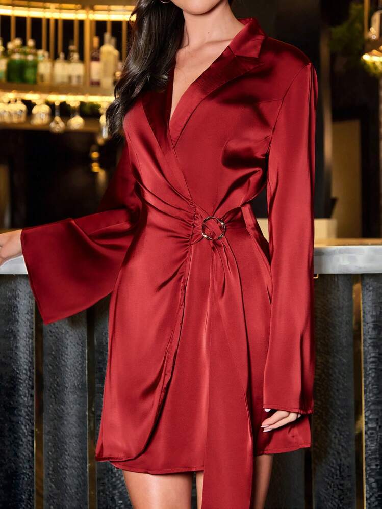 SHEIN Clasi Women's Mini Wrap Dress, Red Autumn/Winter Long Sleeve Metal Button Blazer Collar Valentine's Day - Burgundy - View 3