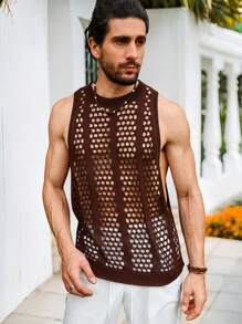 Manfinity Fever City 男士休闲纯色无袖镂空针织背心 - 棕色 - 查看 3
