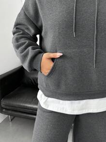 INAWLY Plus Size Women 2pcs Set Casual Loose Solid Color Drop Shoulder Long Sleeve Hoodie Sweatshirt And Pants, Autumn - Dark Grey - View 9