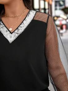 SHEIN LUNE Plus Size Women's Sequin Patchwork V-Neck Sheer Long Sleeve Elegant Blouse, New Years Women, Party, Business Casual Woman, Old Money Style,Valentine's Day,Club Women,Valentine,Love/Lover, Spring,Mardi Gras, Mardi Gras - Black - View 3