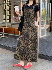 DAZY Summer New Loose Casual Leopard Print Women Denim Strap Dress Cheetah Print