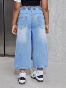 SHEIN Tween-Mädchen Washed blaue Distressed Denim Capri Hose, Street Style, geeignet für den täglichen Gebrauch - Mittele Waschung - Übersicht 2
