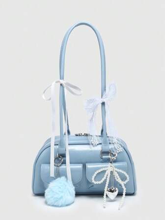 Kawaii Bolso de tote de Boston con múltiples bolsillos, con detalle de corazón de cereza, decorado con moño, corazón vintage y bola de peluche a cuadros, para el hombro y debajo del brazo de la mujer