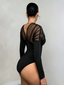 Glamine 女士撞色网眼荷叶边长袖紧身衣 - 黑色 - 查看 2