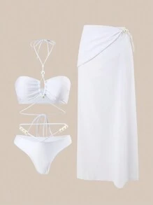 SHEIN Swim 3 pièces Ensembles de maillots de bain Top de gamme pour femmes, décolleté blanc élégant avec décoration de faux perle pour les vacances d'été
