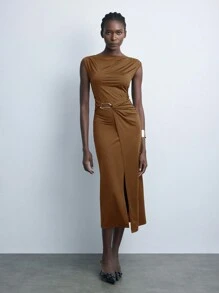Maija 秋冬新款派对都市时尚优雅女士酒红色短袖中长款针织连衣裙 - 棕色 - 查看 4