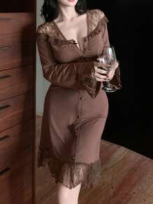 DAZY Semi-Sheer Romantic Lace Patchwork Pleated Design Open Front Slim Fit Nightgown Pajama, Fall - Brown - View 4