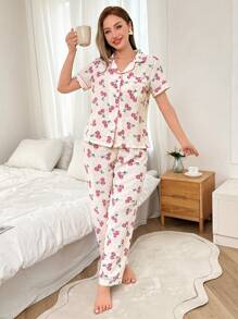 Dream Adore Bộ đồ ngủ in họa tiết quả anh đào có túi viền tương phản dành cho nữ - Màu be - Xem 6