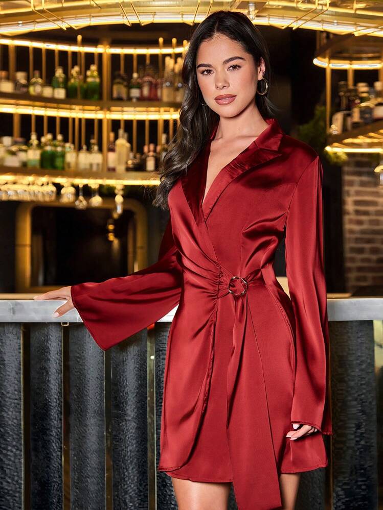SHEIN Clasi Women's Mini Wrap Dress, Red Autumn/Winter Long Sleeve Metal Button Blazer Collar Valentine's Day - Burgundy - View 6