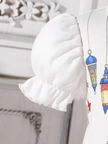 2 件套女婴休闲卡通印花泡泡袖上衣和全身印花花裙套装 - 白色 - 查看 6