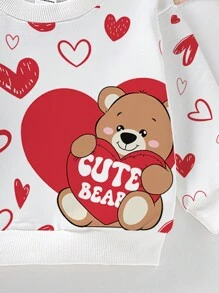 女婴可爱熊心印花圆领运动衫，情人节 - 白色 - 查看 5