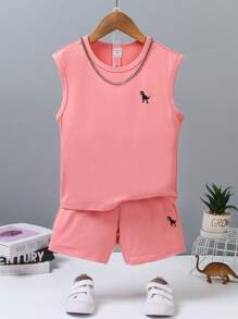 SHEIN Young Boy Summer Round Neck Cute Printed Pullover Sports Tank Top & Shorts Set