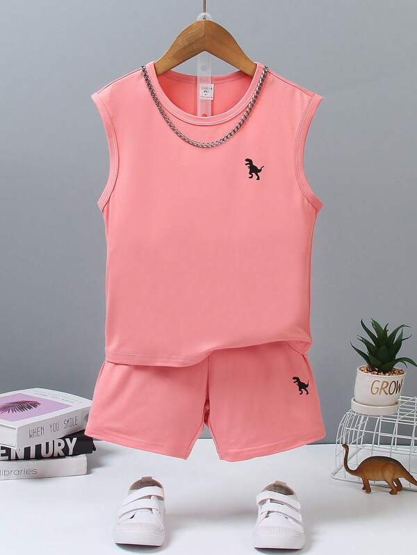 SHEIN Young Boy Summer Round Neck Cute Printed Pullover Sports Tank Top & Shorts Set