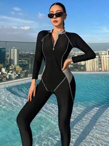 DAZY Bộ đồ bơi liền thân thể thao Colorblock dành cho nữ, giản dị và sang trọng để mặc hàng ngày - màu đen - Xem 3