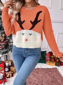 Chiquease 圣诞图案圆领落肩长袖针织套头衫秋冬毛衣