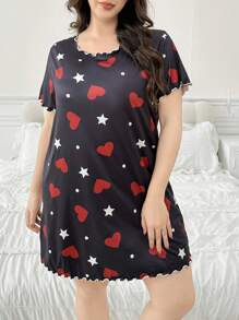 Heart And Star All Over Print Ruffle Hem Plus Size T-Shirt Nightgown - Black - View 4