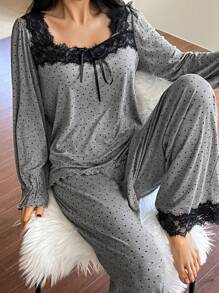 DAZY 2pcs Women Lace Polka Dot Print Loose Top & Pants Comfort Pajama Sets, Spring, Back To School Clothes, Fall Winter Clothes - Grey - View 1