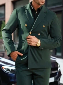 Manfinity Bizformal Men's Business/Commute Double-Breasted Jacket And Pants Suit Set - Dark Green - View 3