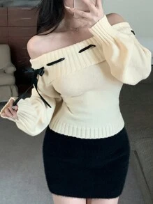 DAZY كنزة صوفية نسائية كنزة طويلة الأكمام مزينة بشريط مضفر وعقدة جميلة على الكتف، مناسبة للربيع وعيد الحب وفصلي الخريف والشتاء