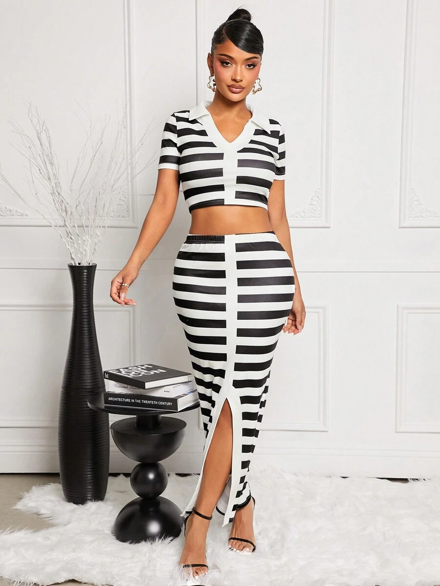 SHEIN SXY 2pcs Sexy And Elegant Black Striped Skirt Set - Black and White - View 1